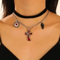 Gothic layered choker set with blood-red cross, coffin pendant and skull emblem - Gothic Double Layer Cross Coffin Style