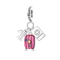 Silver travel charm set with airplane, pink suitcase and passport for DIY jewelry - Airplane Suitcase Passport (Airplane Series) / Silver Multicolor