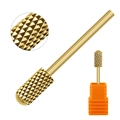 Golden barrel nail drill bit with cross-cut texture and orange protective storage case - Gold Nail Drill Bit 03
