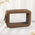 Brown waterproof PU leather toiletry bag with clear window and dual zipper closure - Single Layer / Dark Khaki