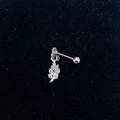 Detailed view of silver leaf-shaped labret stud earring with inlaid sparkling zircons - Steel Color-Foliage
