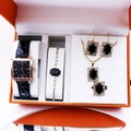 Women's gold square watch with black leather strap and matching jewelry set in gift box - Black Zirconia Set