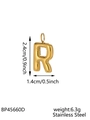 Macro view of 14K gold plated bubble letter R pendant with size and weight details - Letter R Style (STAS-K263-47G-R) / Gold
