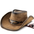Cappello da cowboy western in finta pelle marrone con tesa larga, fibbia a toro e cordino - Marrone Vintage Con Testa Di Toro(01)