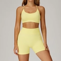 Ensemble de yoga jaune citron sans couture avec short taille haute et brassière de sport - S / Soutien-gorge + Short - Jaune citron