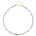 French vintage beaded necklace with blue seed beads and natural tiger eye stone pendant - Blue Beaded Tiger Eye Pendant (XL-811J)
