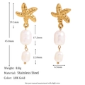 Pendientes de acero inoxidable bañados en oro 18K con estrella de mar y perlas colgantes - Pendientes de Botón con Borla y Colgante de Perla de Estrella de Mar - Dorado