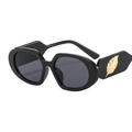 Retro black oval sunglasses with thick frames and golden leaf accents on the wide temples - Black Frame Grey Lens