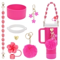 Set de accesorios rosa para taza Stanley con colgantes de flores y pompón suave - Juego de 7 Piezas 9-Flor Rosa Fuerte