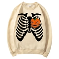 Unisex cream-colored hoodie with skull and pumpkin print in a size M variant - S / Tops / Beige (Halloween Skeleton Pumpkin)