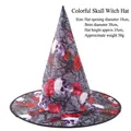 Gothic Halloween witch hat with skull, red rose and withered branch print details - Colorful Witch Hat Skull