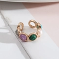 Detail of a gold adjustable open ring featuring colorful gemstone and pearl bead inlays - Colorful 2 (Multi-color Beads)