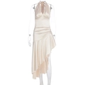 Detail of champagne satin dress showing plunging V-neckline and gathered waist textures - S / Ivory