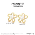 Detailed view of 18K gold plated stainless steel floral earrings with shell pearl centers - 26*25mm / Gold Flower (KE115688-GC)