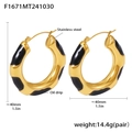 Gold-plated stainless steel hoop earrings with black oil drip leopard design, 40mm size - Hoop Geometric Hollow Style (F1671) / Gold Black Enamel