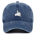Washed blue denim baseball cap featuring white Shaka thumb gesture embroidery - Navy Blue