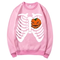 Pink fleece hoodie with Halloween skeleton and pumpkin print, drawstring hooded design - S / Tops / Pink (Halloween Skeleton Pumpkin)