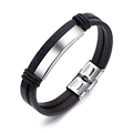 Pulsera de cuero negro de doble capa para hombre con placa de acero inoxidable plateado pulido - Color Acero