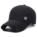 Classic black cotton baseball cap with embroidered logo patch and curved brim in side view - Black