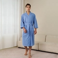 Men's light blue waffle bathrobe with shawl collar and waist tie for spa and home - Dusty Blue (Men)