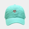 Detail shot of a mint green cotton baseball cap with a small red heart embroidery - Adjustable / Teal
