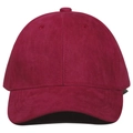 Front view of a red suede baseball cap featuring detailed stitching on the curved brim - Adjustable / Red