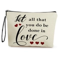 Beige Kosmetiktasche aus Segeltuch mit Herz-Print und Handschlaufe zur Aufbewahrung - 17*25cm / Stil 1: Let all that you do be done in Love