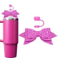 Close-up of pink sequin bow and matching silicone straw cap for tumbler decoration - Rose Red