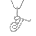 Close-up of hip hop cursive letter T pendant with iced-out zircon and rope chain - Letter T / Silver (Pendant Only)
