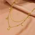 Double-layered gold flower necklace with herringbone and bead chains on silk background - Gold Double Layer Style (B608)
