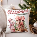 Pink snowman and sweets Christmas pillow cover on a cozy holiday tree background - TQYM72-13 (Christmas Sweet Treats)