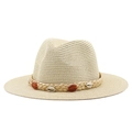 Beige woven wide brim sun hat with bohemian shell and amber bead band for beach - M (56-58cm) / Beige