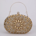 Detailed front view of luxury gold evening clutch with radiant floral rhinestone pattern - Gold