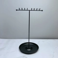 Black metal T-shaped jewelry display stand with double-row hooks and round base tray - Double Row 16 Hooks / Black Tray Base Black
