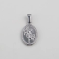Silver oval stainless steel pendant featuring embossed lilies and beaded border - Steel-Oval Flower
