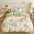 Beige floral duvet cover with cute rabbit print and sage green contrast lining - Little Rabbit