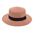 Detailed texture of a vintage brick red flat top straw sun hat with black ribbon - M (56-58cm) / Dusty Pink