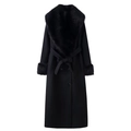 Elegant long black winter coat for women featuring a faux fur collar and belted waistline - S / Black
