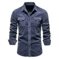 Men's blue-grey corduroy long sleeve shirt with dual chest pockets on white background - S / Tops / Navy Blue