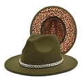 Detail showing olive green fedora with metal chain and leopard print lining - M(56-58cm) / Army Green