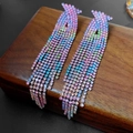 Rainbow gradient crystal tassel earrings with colorful rhinestones on a wooden display - 125# Silver Pin Multi-color Pink