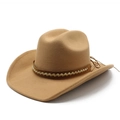Klassieke kaki wollen western cowboyhoed met brede rand en gevlochten sierband - M (56-58cm) / camel