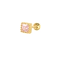 Macro shot of gold square screw-back earring with pink zircon and milgrain texture - Pink