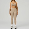 Ensemble de yoga kaki sans couture avec crop top côtelé et legging taille haute - S / Bra+Leggings - Khaki Brown