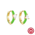 S925 sterling silver hoop earrings with green enamel butterfly and pear-cut zircon - Water-drop Design / Gold-Green Enamel