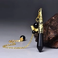 Polished black hexagonal gemstone pendant necklace with gold wing charm and decorative chain - Gold Black Agate