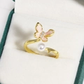 Pink enamel butterfly ring with pearls and zircons in a golden adjustable setting - Pink Butterfly Artificial Pearl (Gold 6)