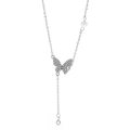 Silver butterfly pendant necklace with inlaid crystals and decorative white pearl - Full Diamond Butterfly Pearl Tassel Style (2044) / Silver