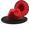 Classic two-tone red and black fedora hat with wide brim and brown faux leather belt - M (56-58cm) / Red + Black