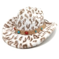 Detail of leopard print faux fur cowboy hat featuring decorative gemstone hat band - M (56-58cm) / White - Flat Top